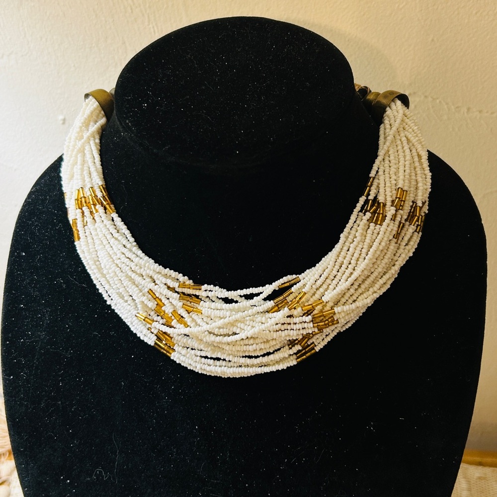 Vintage Multi-Strand White Glass Beaded Necklace with Gold Accents